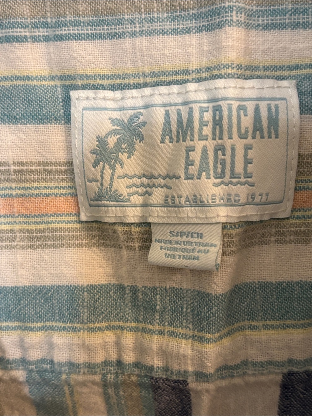 American Eagle Light Blue Striped Short-Sleeve Button-Up Shirt S - Picture 3 of 3
